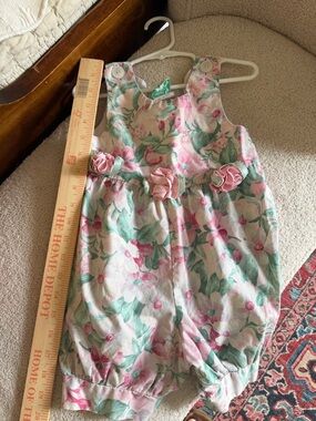 Pink & Green girls vintage Floral Romper with Rosette Waist